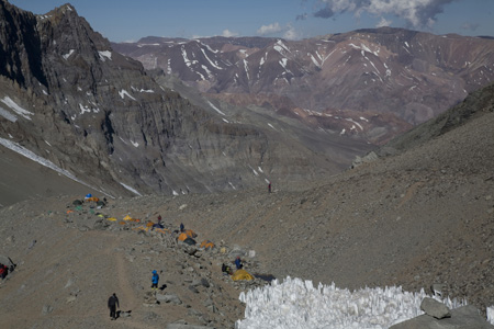 Camp 1 with the little line of tents, and where the person in red is heading up is where the 'bathroom' is.