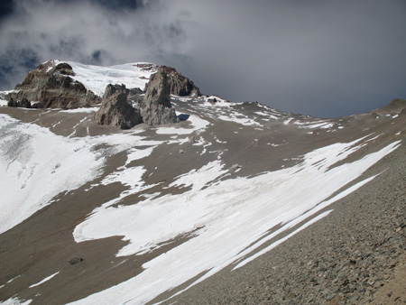 Looking up to more or less where camp 2 should be, at the top of the saddle and then a little to the left.